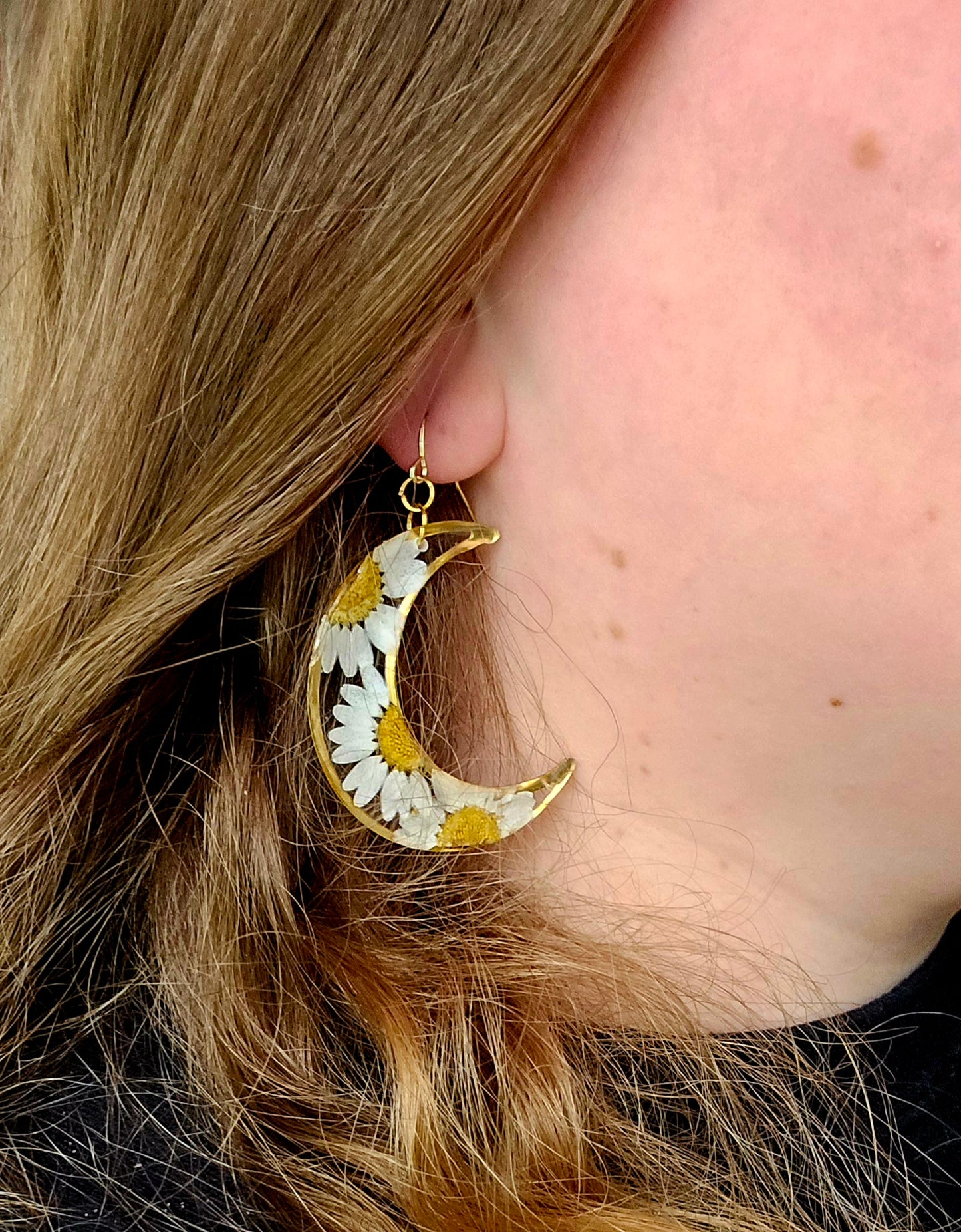 Daisy Full Crescent Moon Dangles
