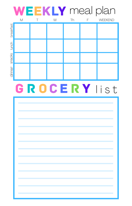 Weekly Meal Plan with Grocery List Printable (Digital Download)
